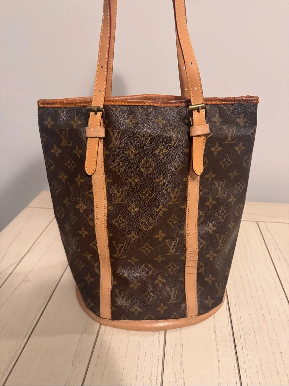 Vintage Louis Vuitton Monogram Canvas Bucket Tote in Brown and Tan Leather